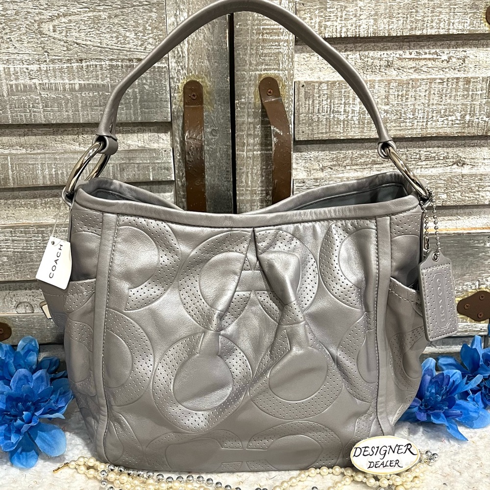 Authentic COACH Parker Perforated Op Art Gray Shoulder Bag NWT 13622